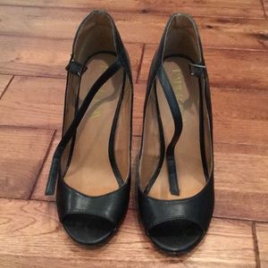 Sparkly black peep toe wedges